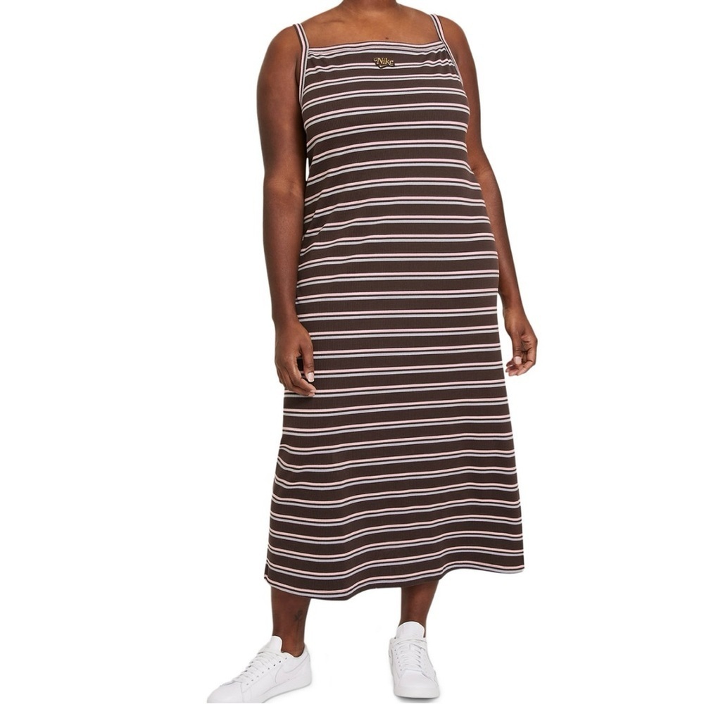 Nike Maxi Dress Womens Size 2X Ribbed Sportswear Brown Pink Striped 90s Y2k